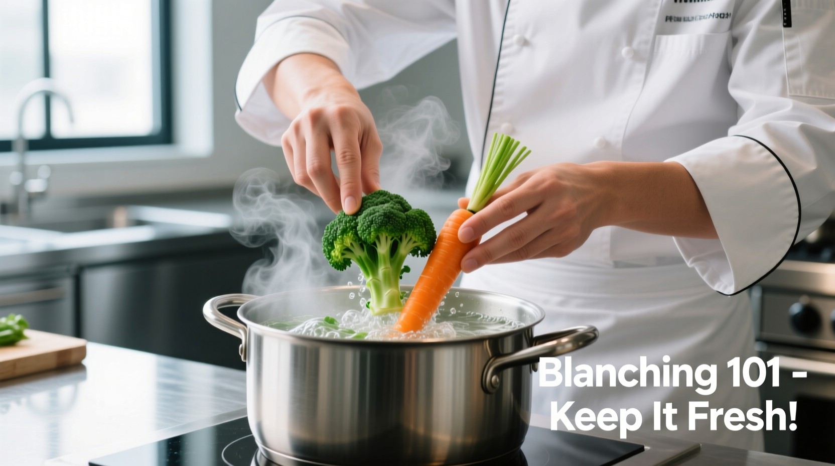 Chef demonstrating proper blanching technique with vegetables