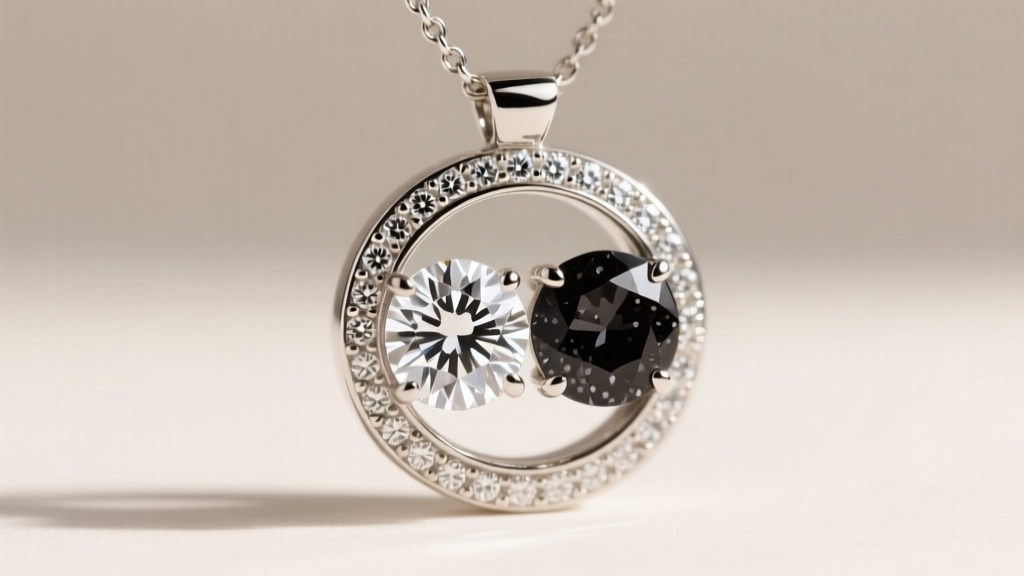 Macro close-up of a bezel-set two-diamond pendant featuring one brilliant white and one dark salt-and-pepper diamond on a chain