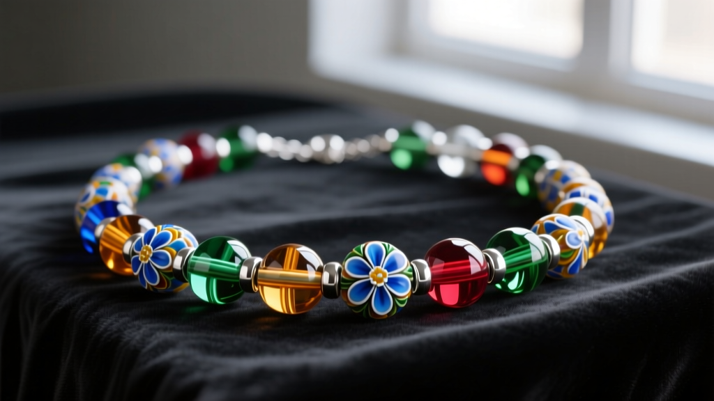 Vibrant Italian Murano glass bead necklace with intricate millefiori patterns and sterling silver spacers resting on dark velvet