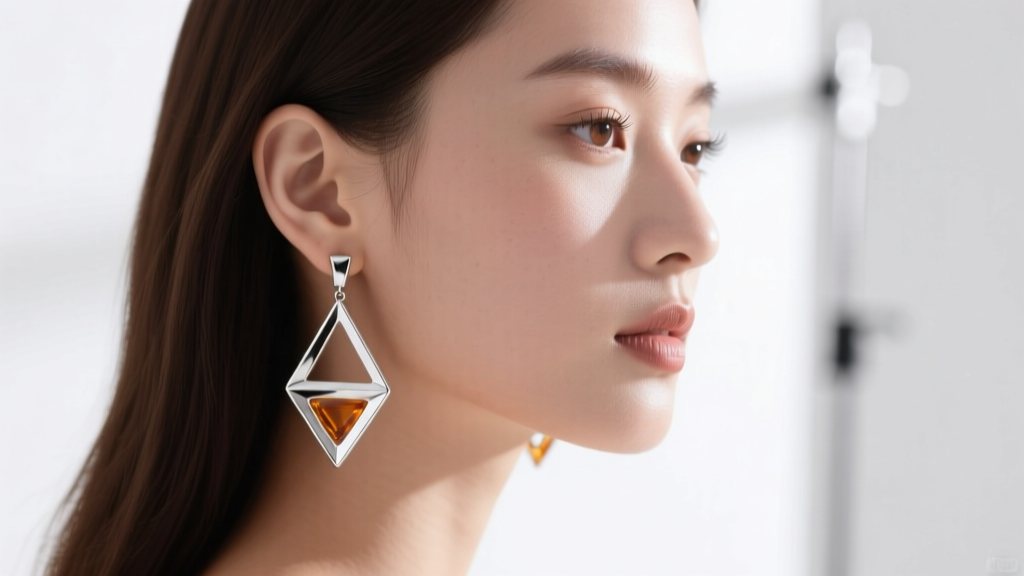 Side profile of a model wearing lightweight, hollow-form geometric Dishta drop earrings, showing comfortable fit on the earlobe.