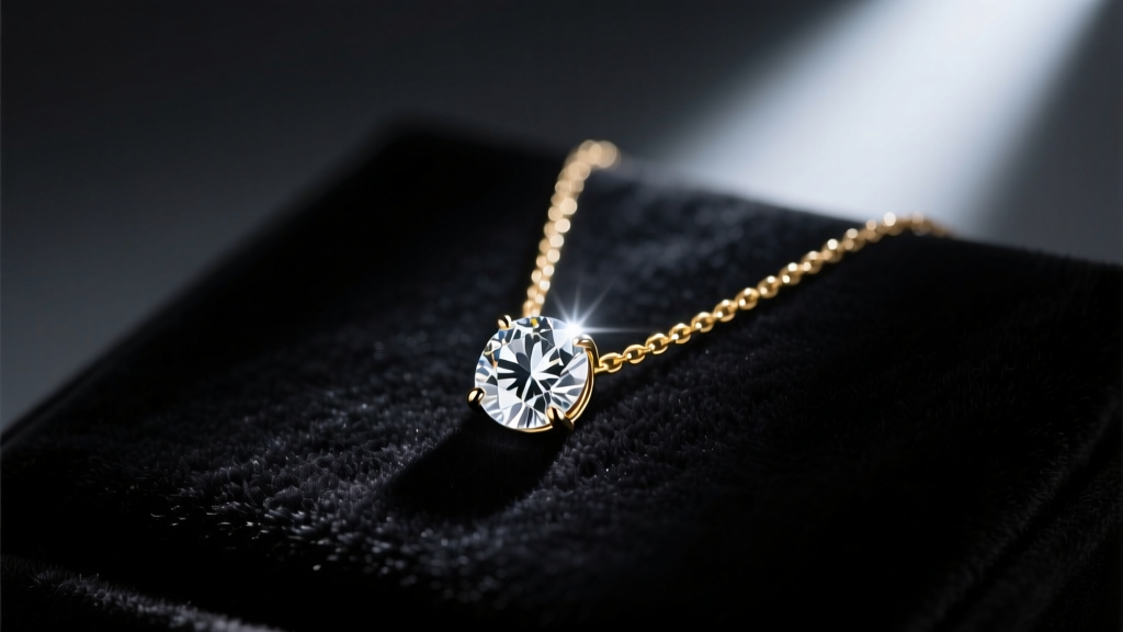 Close-up of a sparkling diamond pendant necklace resting on dark velvet, illuminated by a single dramatic spotlight in a dim room.