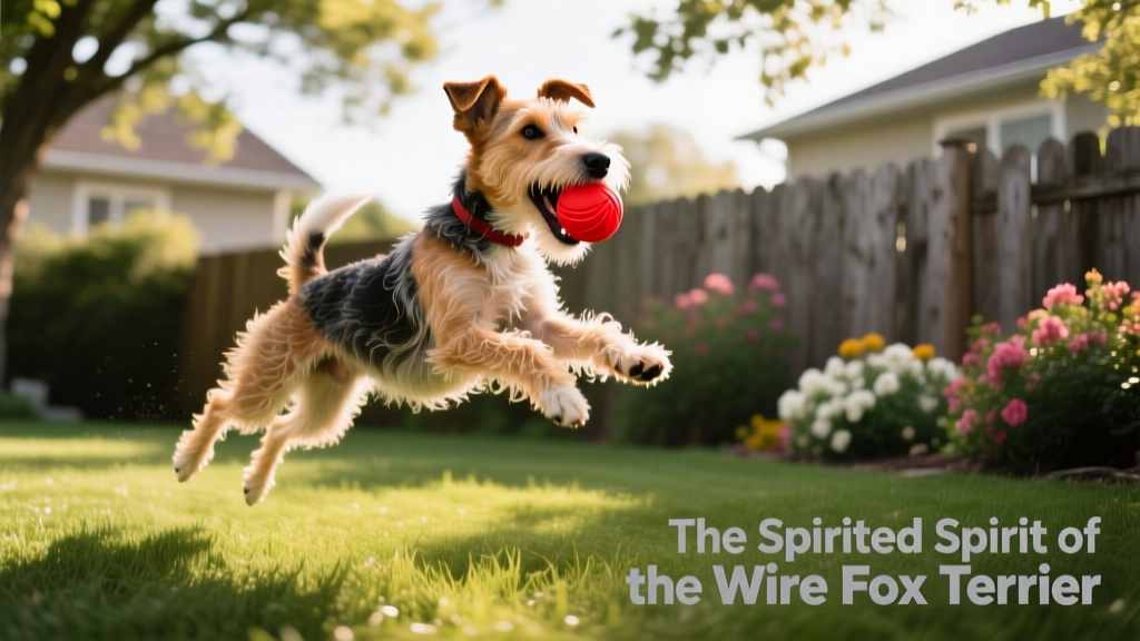 Wire Fox Terrier playing fetch in a backyard, mid-air with a toy in its mouth