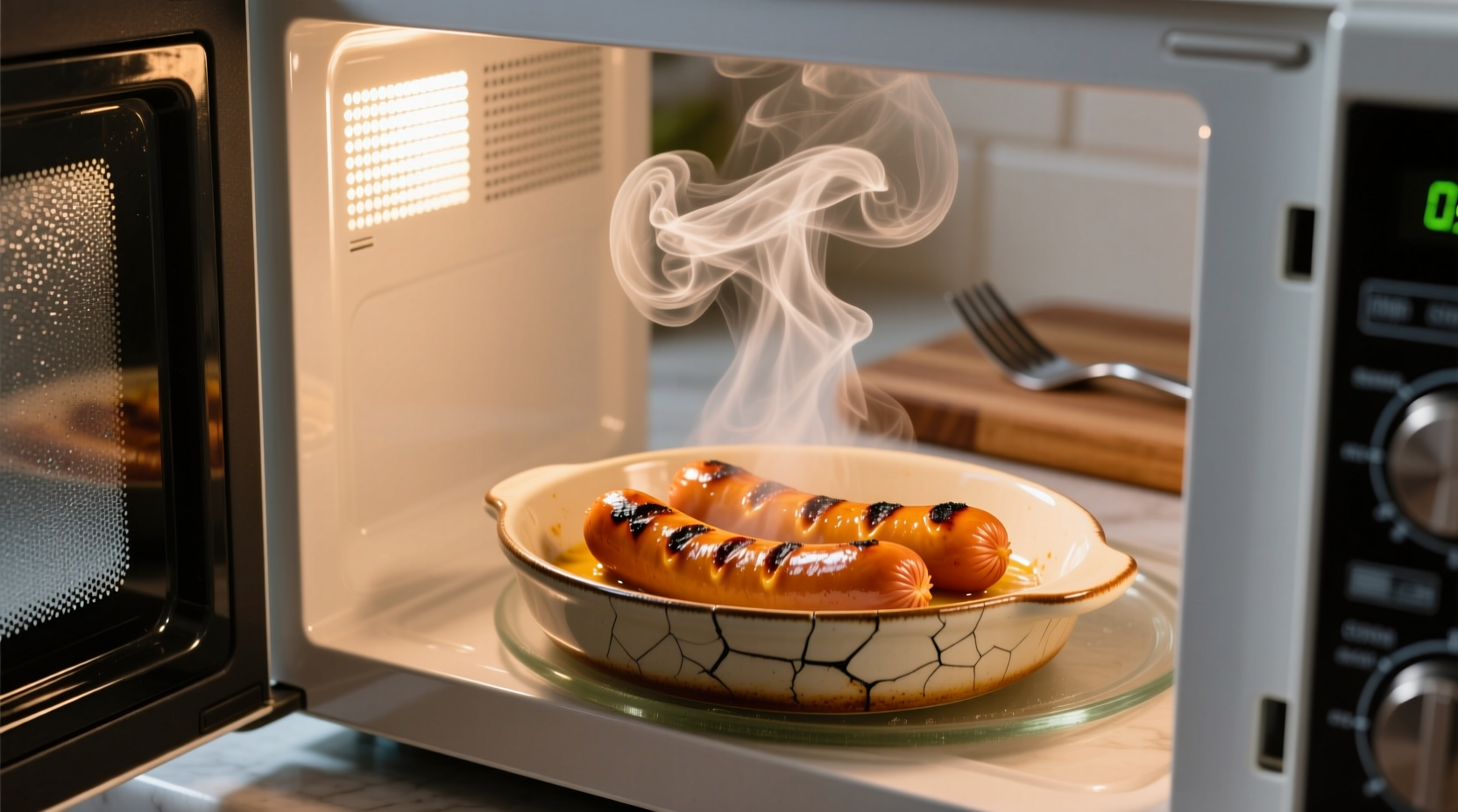 Microwave cooking hot dogs in dish with steam