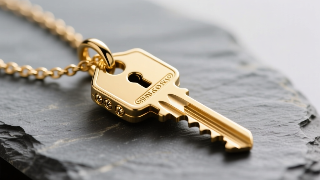 Close-up of a 14k gold key and lock pendant necklace on slate, showing the intricate key teeth and micro-tumbler lock mechanism.