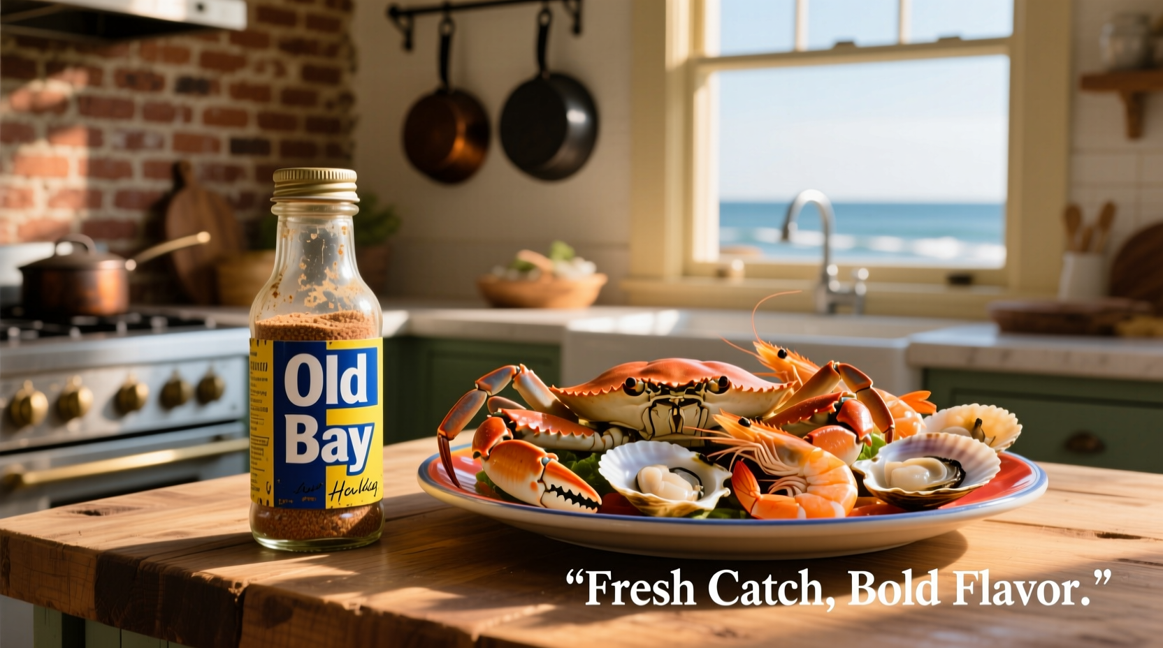 Old Bay seasoning bottle with fresh seafood
