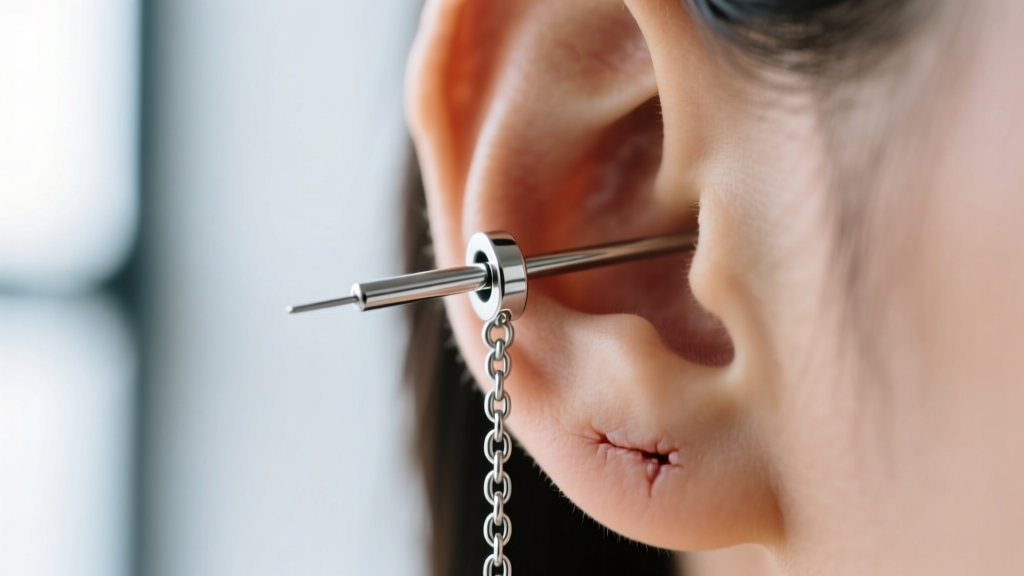 Macro photo of a 20-gauge titanium threader chain long earring passing through a healed earlobe, showing the smooth polished post.