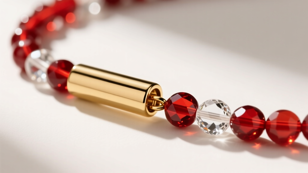 Close-up of a gold magnetic tube clasp connecting two strands of red carnelian and clear quartz faceted round gemstone beads