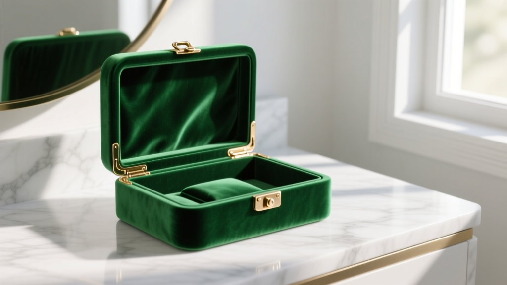Open emerald green velvet jewelry box with solid brass hinges resting on a marble vanity, illuminated by soft morning light