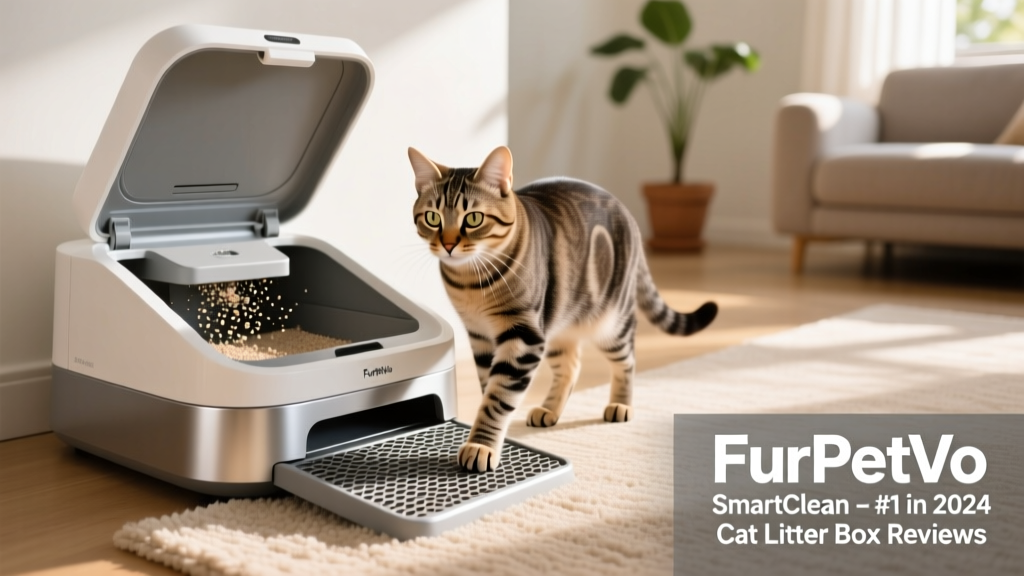 A cat confidently stepping onto the ramp of the FurPetVo SmartClean Litter Box, with the lid open and interior visible—showcasing the clean, modern interior and sifting mechanism