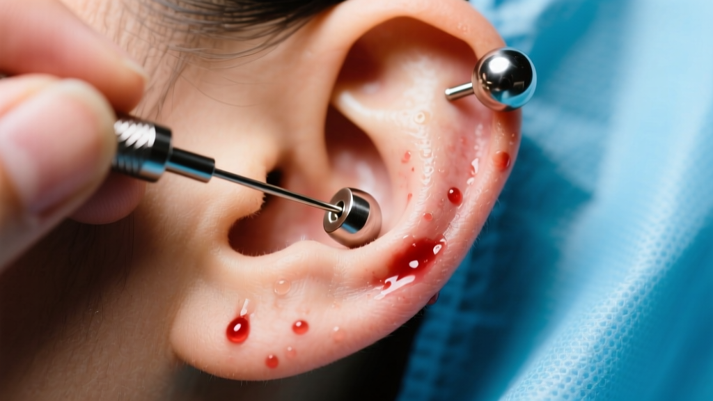 Piercer inserting a 16-gauge titanium flat-back labret into a fresh earlobe piercing against a sterile blue drape