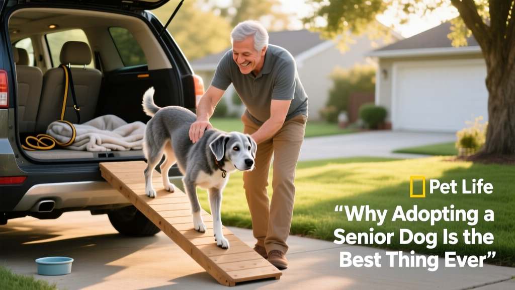 A person gently helping a senior dog step onto a low ramp leading into a vehicle, both smiling warmly