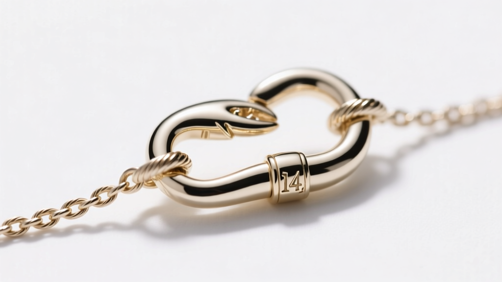 Macro shot of a 14k white gold lobster clasp and soldered jump ring on a fine cable chain, studio lighting on white backdrop