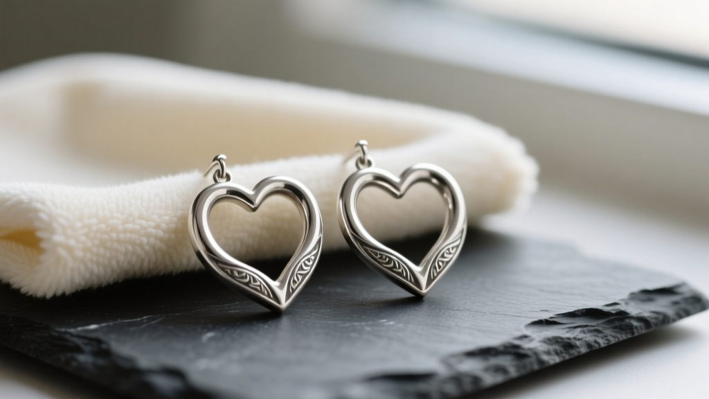 Close-up of tarnished 925 sterling silver heart hoop earrings resting on dark slate beside a soft microfiber jewelry polishing cloth