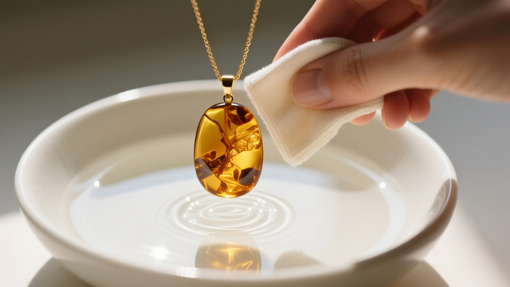 Top-down view of a Baltic amber pendant necklace gently wiped with a dry microfiber cloth beside a small bowl of mild soapy water