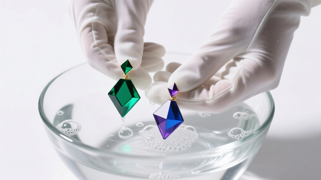 Gloved hands washing geometric resin stud earrings in a glass bowl of lukewarm soapy water under bright, even studio lighting.