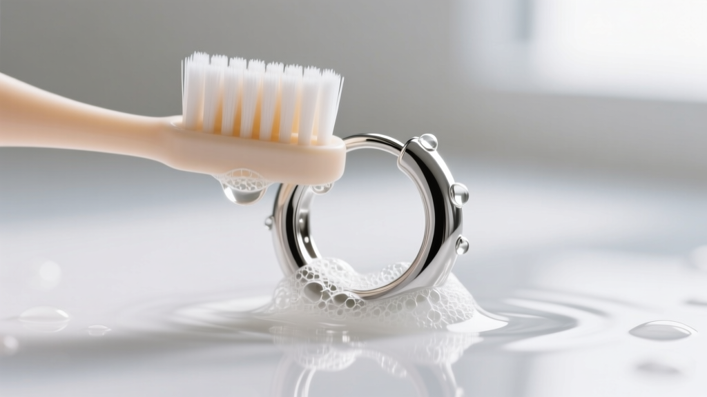 Close-up of a soft-bristled baby toothbrush gently scrubbing the hinged clasp of a sterling silver circle earring in soapy water.