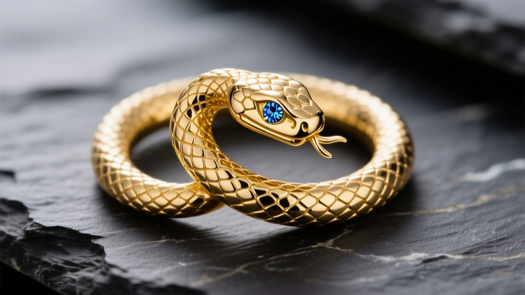 Macro shot of a 14k solid gold septum clicker with an articulated serpent motif on dark slate, highlighting sapphire pave details.