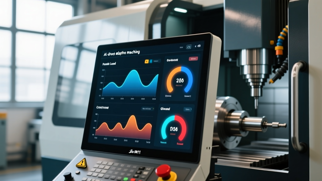 AI-driven adaptive machining dashboard showing real-time spindle load and cutting force data on a five-axis CNC machining centre control screen