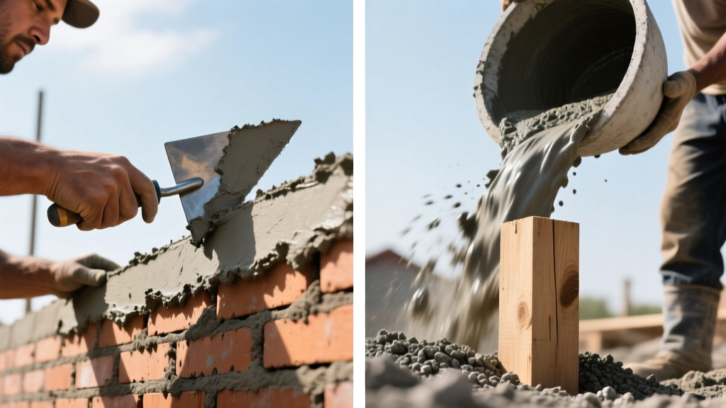 Split view showing a mason troweling pure cement mortar on bricks next to a worker pouring gravel concrete mix into a wooden post form