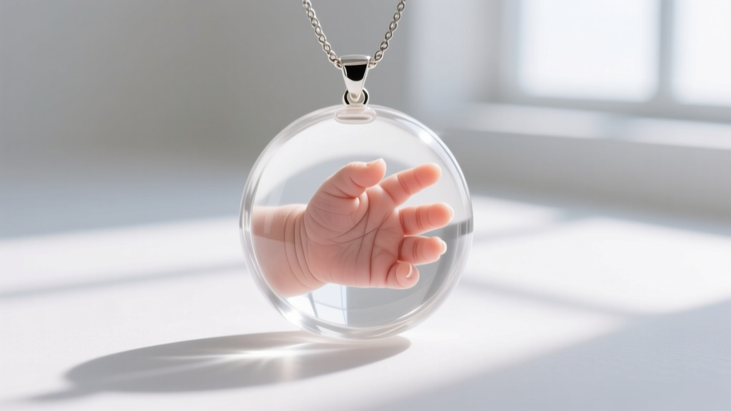 Clear resin pendant encapsulating a baby
