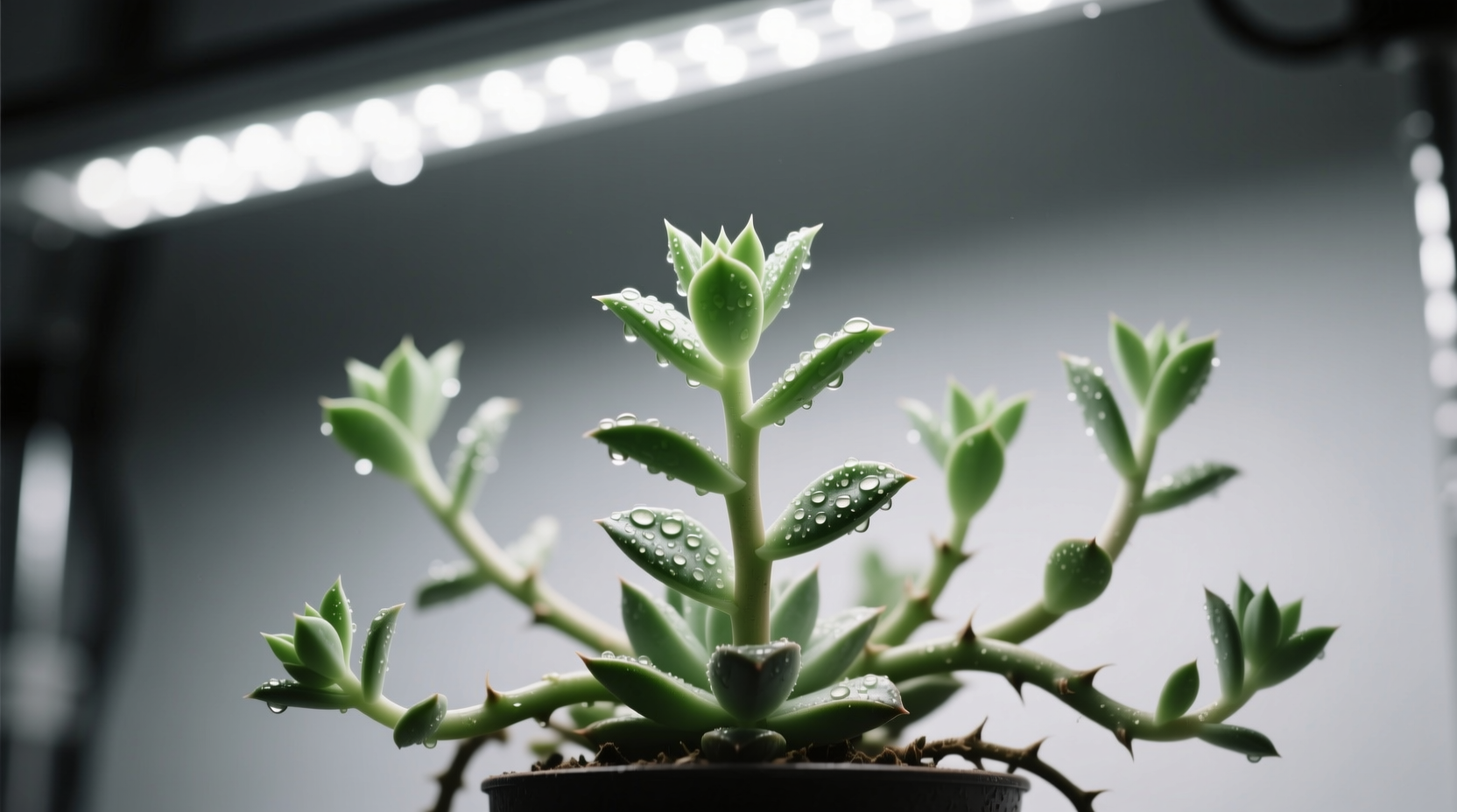 Jungle succulent Rhipsalis baccifera thriving in 40% humidity under grow lights when desert cacti would shrivel - shows humidity needs differ by habitat