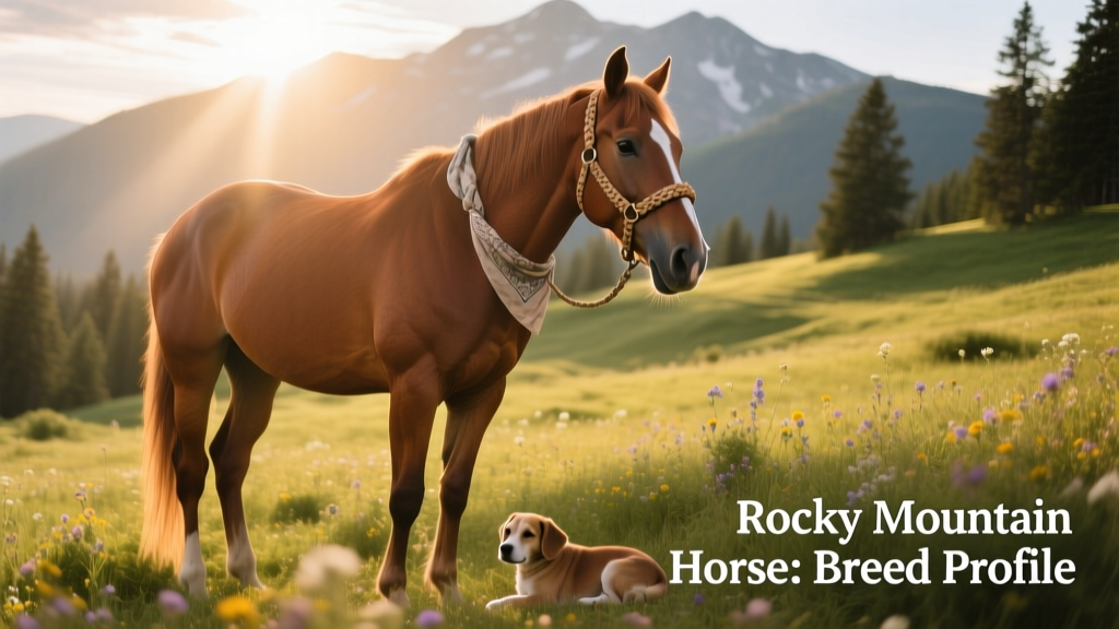 A Rocky Mountain Horse standing calmly in a sunlit pasture, showcasing its muscular build and gentle expression