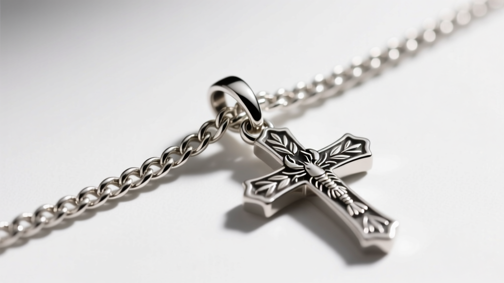 Side profile of a 2.5mm sterling silver wheat chain supporting a heavy engraved cross pendant, highlighting a secure lobster clasp
