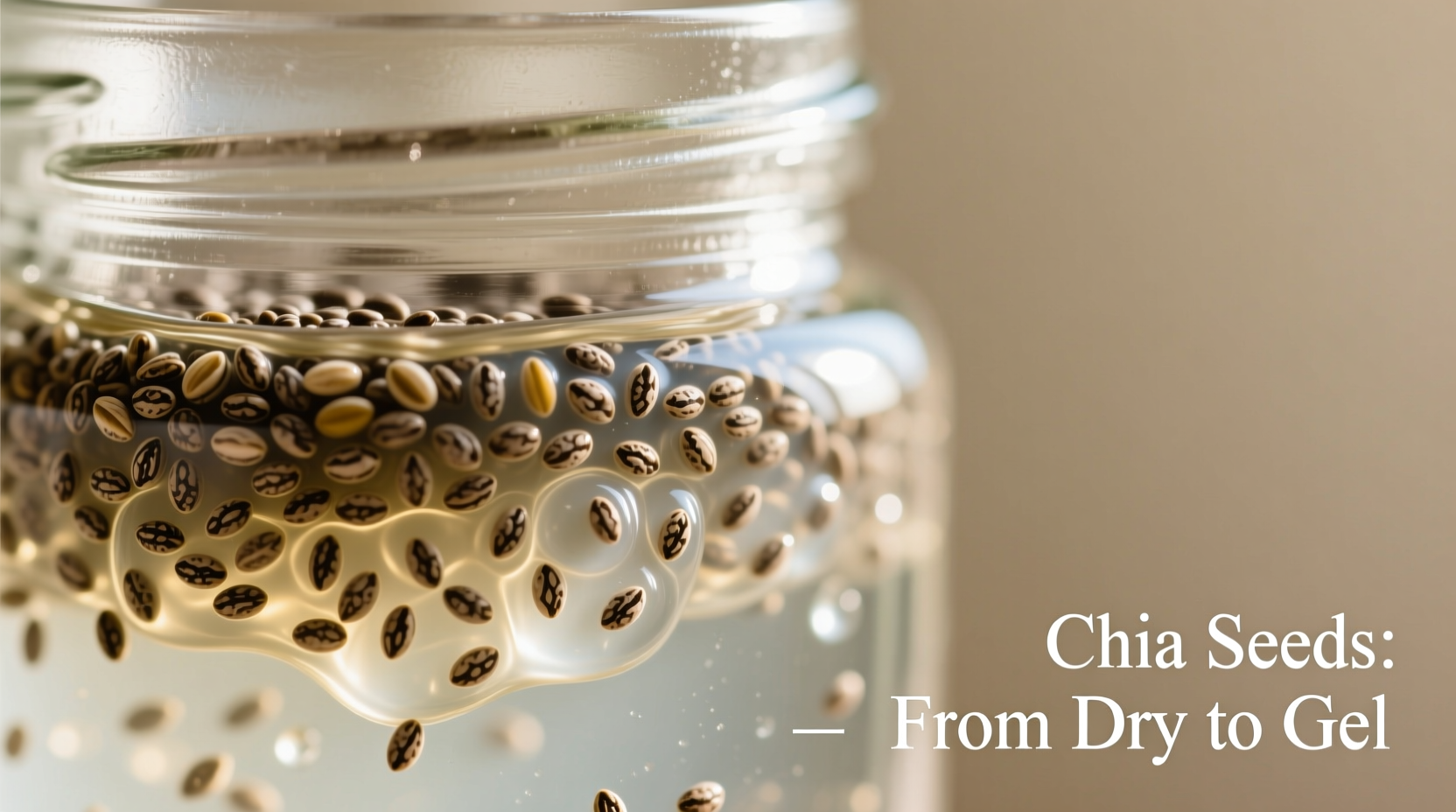 Chia seeds transforming from dry to gel consistency in mason jar