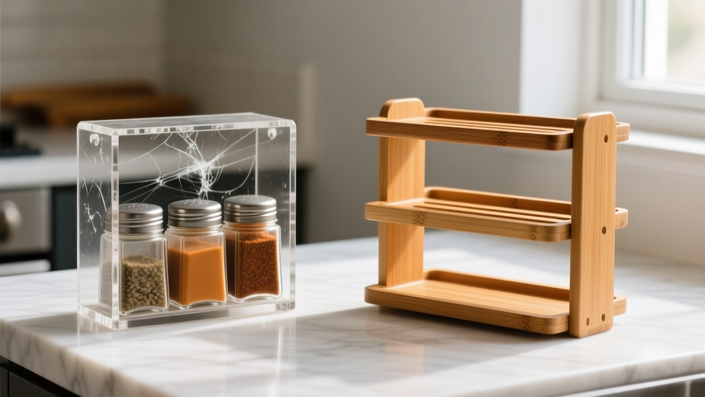 Side-by-side comparison of scratched acrylic spice organizer next to a pristine FSC-certified bamboo three-tier countertop rack