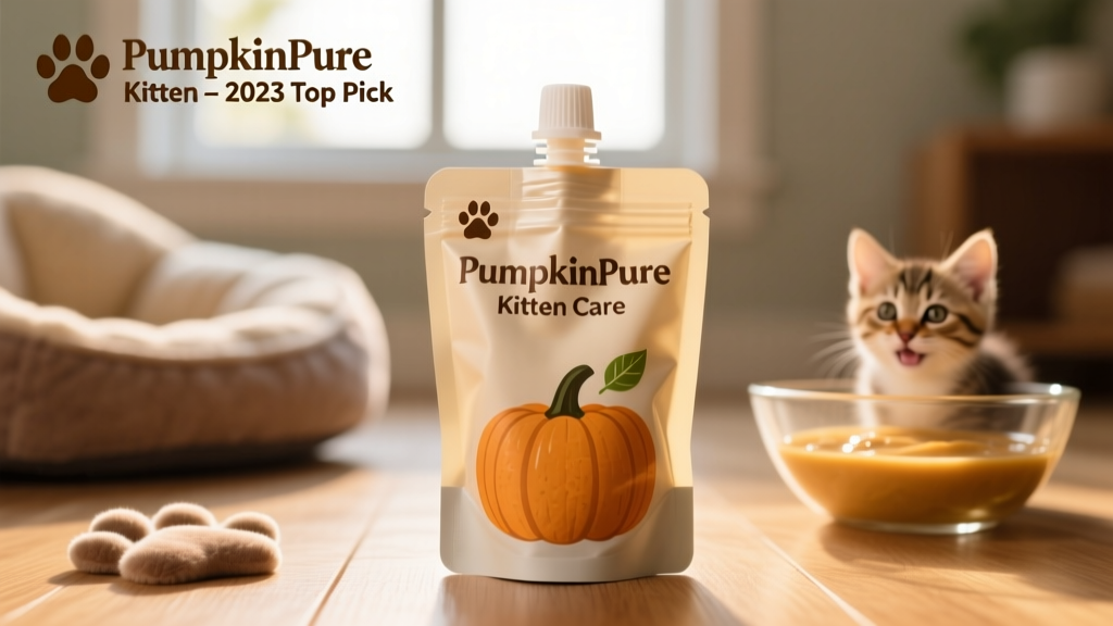 Close-up of a soft, creamy pumpkin-based kitten food supplement in a single-serve pouch
