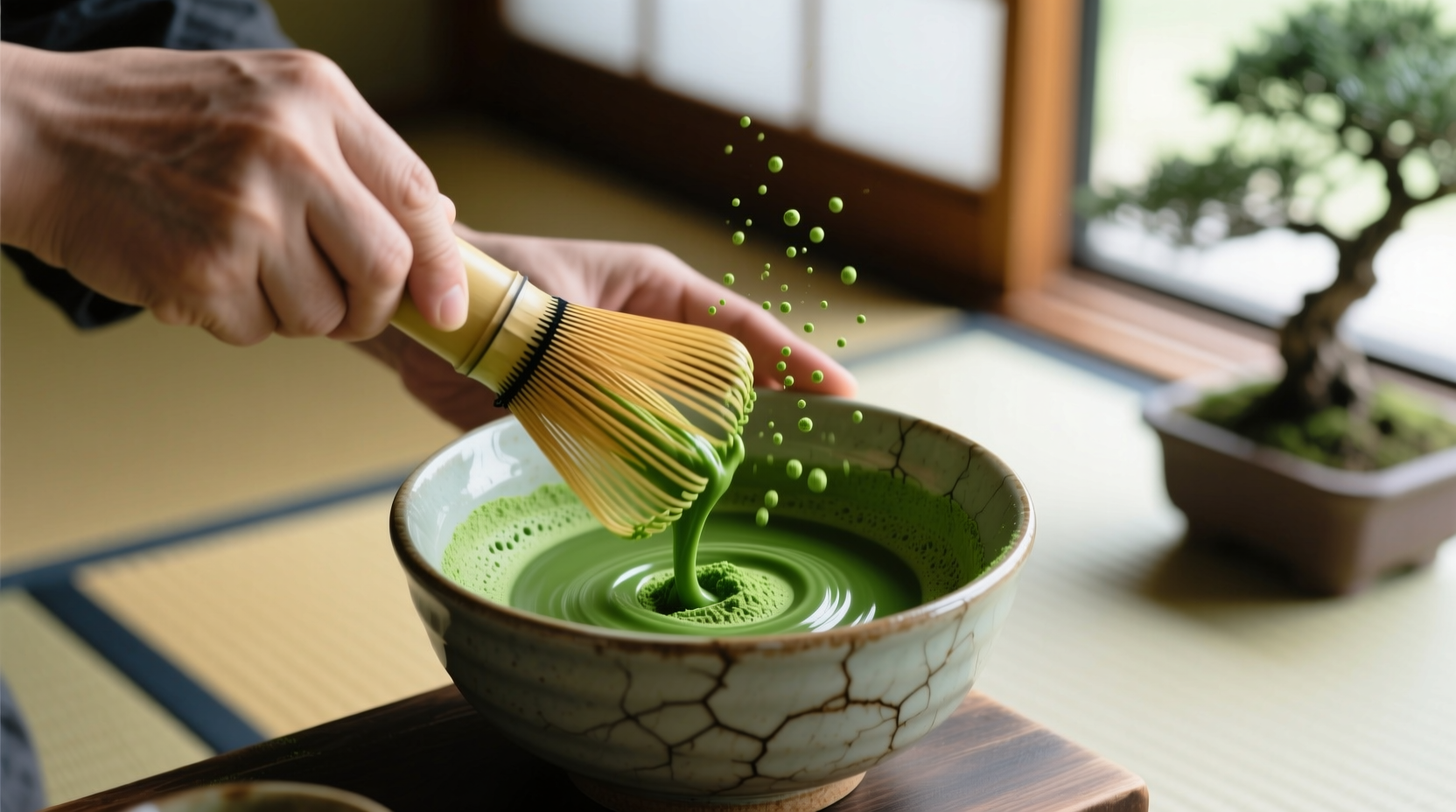 Professional hands whisking vibrant green matcha in ceramic bowl