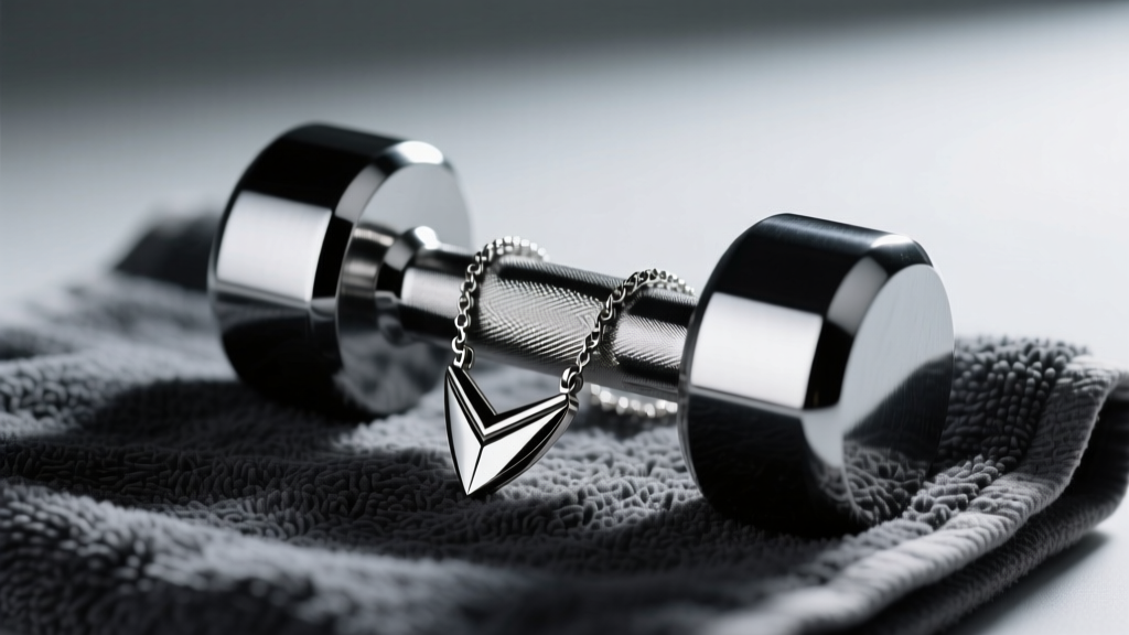 Close-up of a polished 316L stainless steel dumbbell necklace resting on a dark grey gym towel under dramatic side lighting