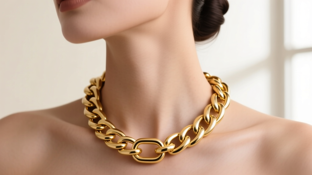 Close-up of a woman wearing a heavy 18k gold curb chain necklace, highlighting thick links and a secure toggle clasp at the nape.