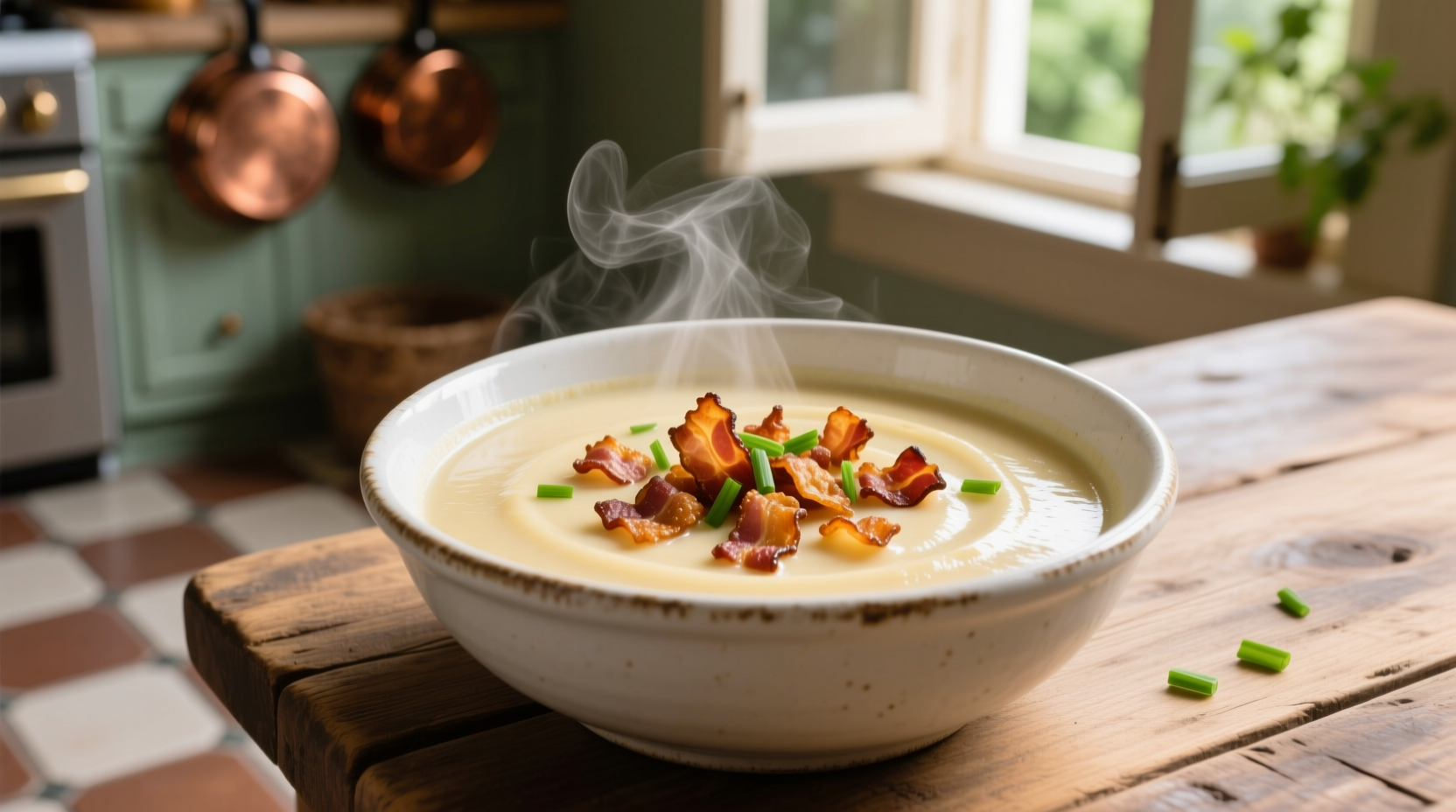 Creamy longhorn potato soup in white bowl with bacon garnish