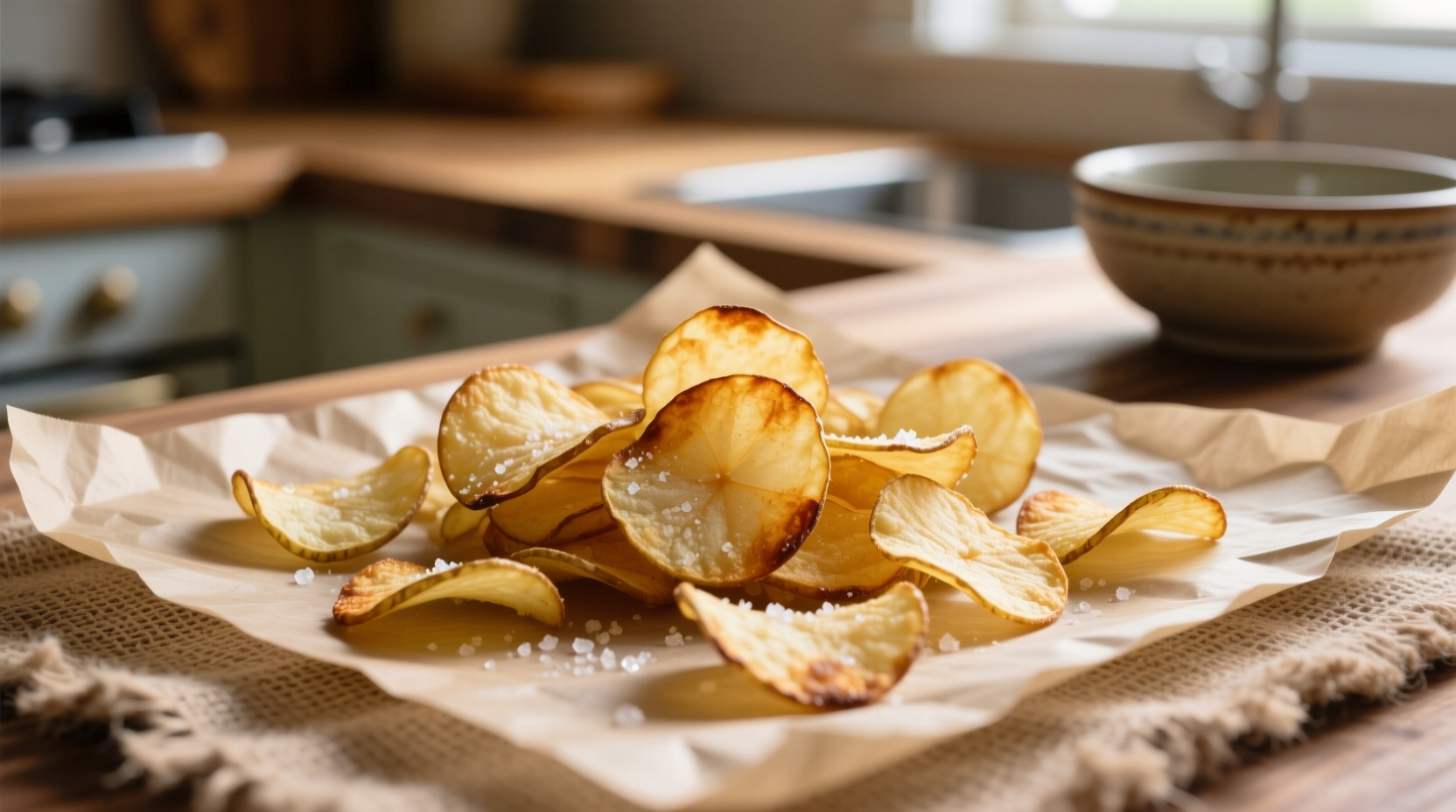 Homemade oven-baked potato chips on parchment paper