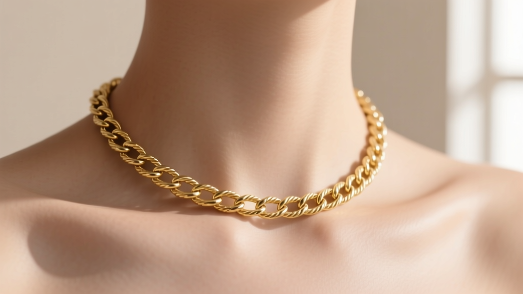 A 16-inch 18k gold choker chain resting tightly against a collarbone, showcasing the smooth high-polish finish of a 2mm rope link.