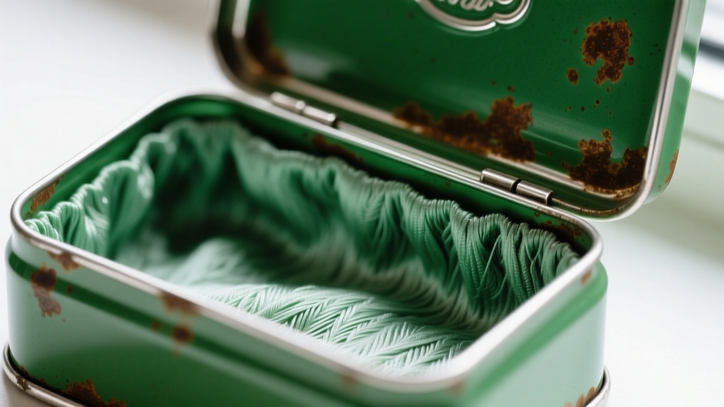 Macro shot of acidic rayon lining inside a vintage green enameled tin jewelry box, showing brown tarnish spots on sterling silver.