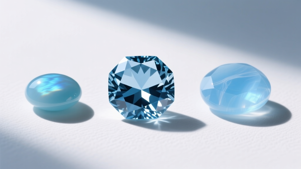 Flat lay of three light blue gemstones: faceted Swiss blue topaz, smooth cabochon larimar, and translucent blue chalcedony.