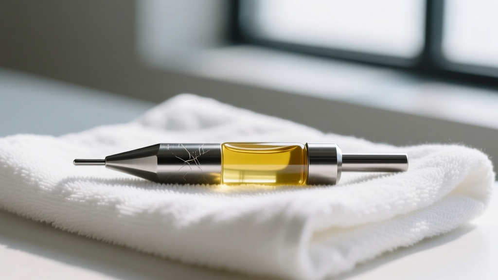 Macro shot of a 16-gauge steel insertion taper coated in a thin layer of clear jojoba oil, resting on a clean white cotton towel