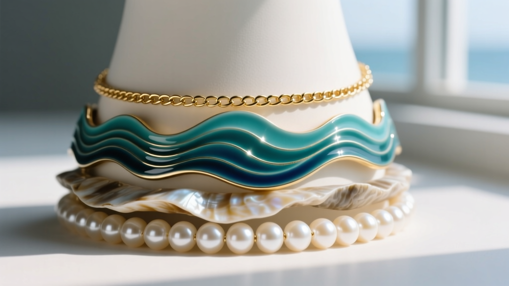 Close-up of a layered necklace stack featuring a delicate gold chain, a raw pearl choker, and a central teal enamel oceanic motif