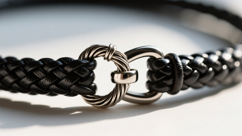 Macro shot of a woven necklace clasp showing a securely wrapped wire loop over a black leather cord and steel lobster clasp