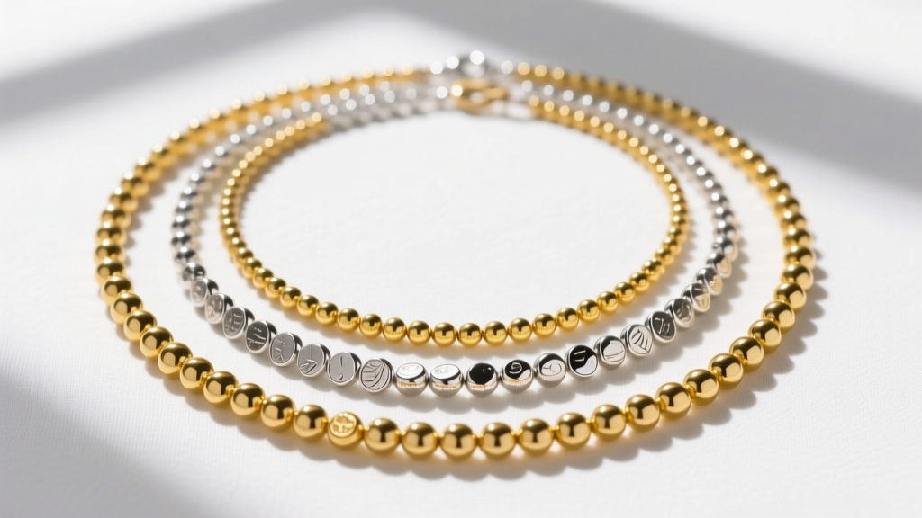 Overhead flat lay of three layered dime bead necklaces in 14, 16, and 18 inch lengths, mixing sterling silver and yellow gold beads