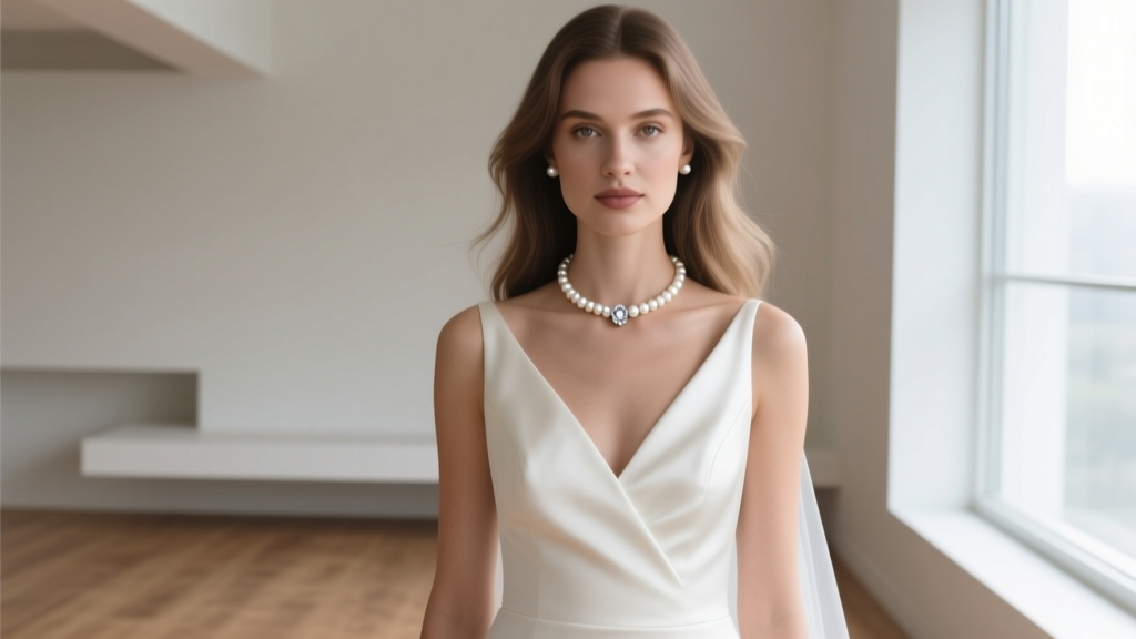Elegant bride wearing a 16-inch white Akoya pearl choker with a diamond clasp, soft natural lighting, v-neck wedding dress.