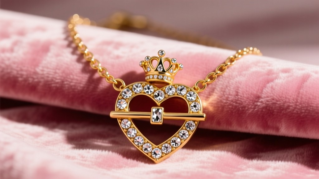 Vintage 2005 Juicy Couture gold-tone heart toggle necklace with crystal pavé and crown charm resting on faded pink velvet fabric