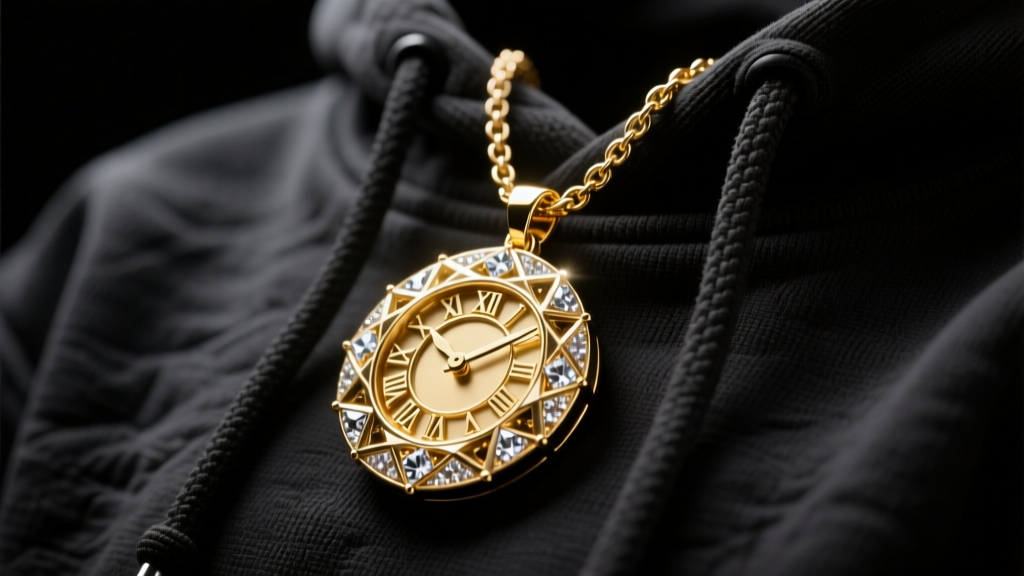 Close-up of an iced-out gold clock necklace pendant resting on a black hoodie, dramatic studio lighting, hip-hop style.