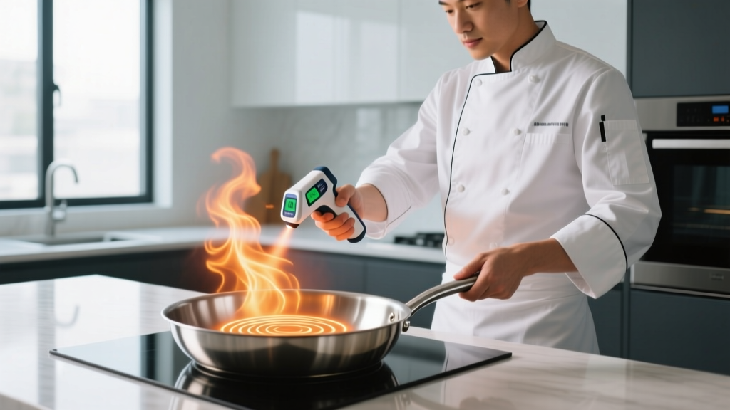 Chef using a digital infrared thermometer gun to measure the surface temperature of a stainless steel frying pan with visible heat ripples
