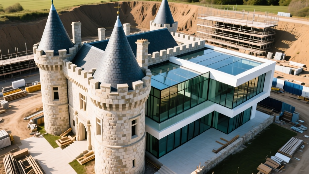 Aerial perspective of a custom limestone castle under construction featuring conical slate turrets, thick masonry walls, and a modern luxury wing