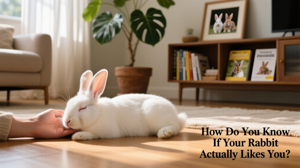 A relaxed rabbit lying on its side beside a person's hand, eyes half-closed, in a sunlit living room