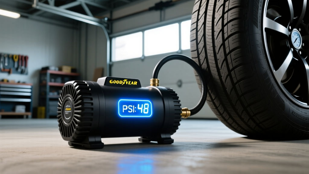 A 12V portable air compressor connected to a Goodyear Endurance ST225/75R15 RV tire, with a digital gauge glowing in low light.
