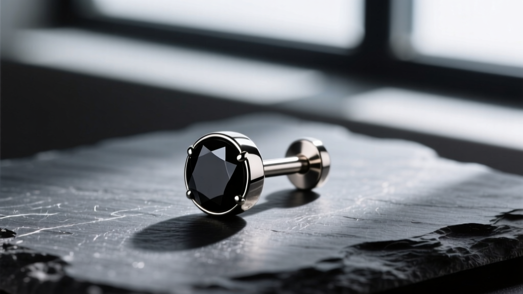 Macro shot of a 16-gauge titanium threadless labret stud with black onyx end, resting on dark slate with dramatic side lighting